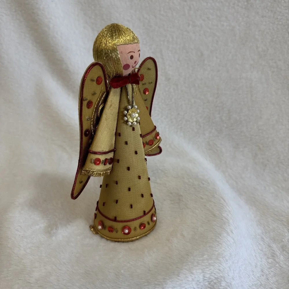 Vintage Gold Fabric Angel Christmas‎ Tree Topper Ornament Sequin Bead MCM
